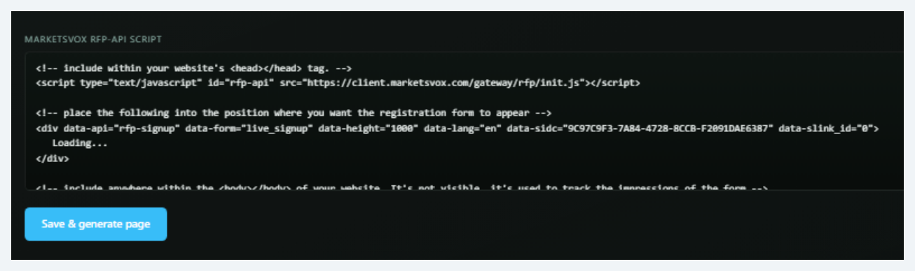 MARKETSVOX RFP-API SCRIPT input area with embed code pasted and Save and generate page button
